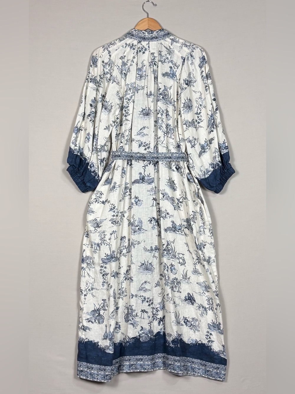 ALEMAIS Linen Toile Print Belted Maxi Dress Pockets Blue White US 12 - Picture 5 of 7
